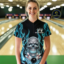 Load image into Gallery viewer, Custom Blue Fire Flame Skull Bowling Women Quarter-Zip Shirt, Halloween Bowling Outfit IPHW9491