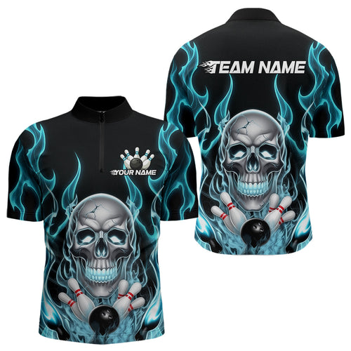 Custom Blue Fire Flame Skull Bowling Quarter-Zip Shirts For Men, Halloween Bowling Team Outfit IPHW9491