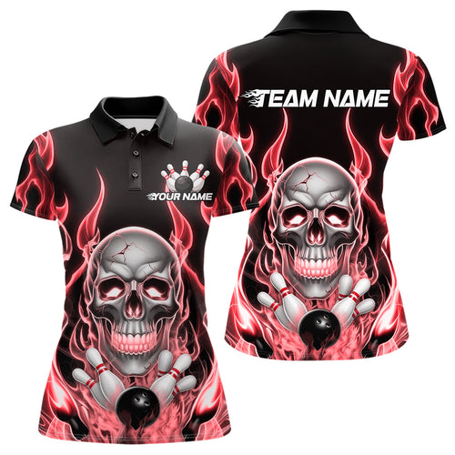 Custom Red Fire Flame Skull Bowling Polo Shirts For Women, Halloween Bowling Team Outfit IPHW9492