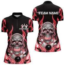 Load image into Gallery viewer, Custom Red Fire Flame Skull Bowling Women Quarter-Zip Shirt, Halloween Bowling Outfit IPHW9492