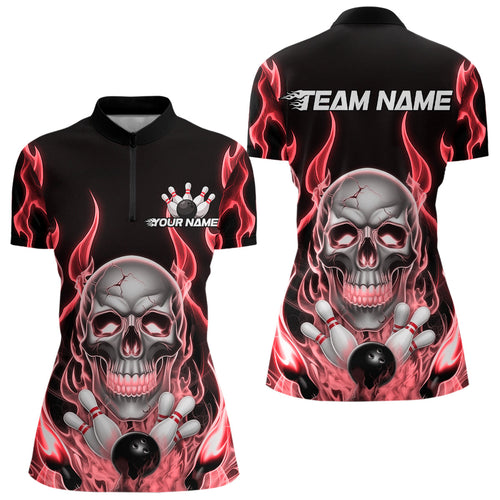 Custom Red Fire Flame Skull Bowling Women Quarter-Zip Shirt, Halloween Bowling Outfit IPHW9492