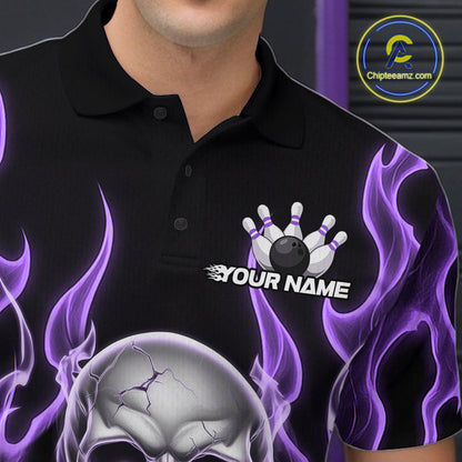 Custom Purple Fire Flame Skull Bowling Polo Shirts For Men, Halloween Bowling Team Outfit IPHW9493