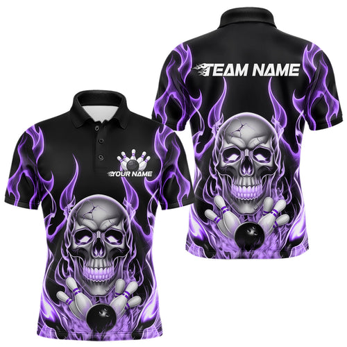 Custom Purple Fire Flame Skull Bowling Polo Shirts For Men, Halloween Bowling Team Outfit IPHW9493