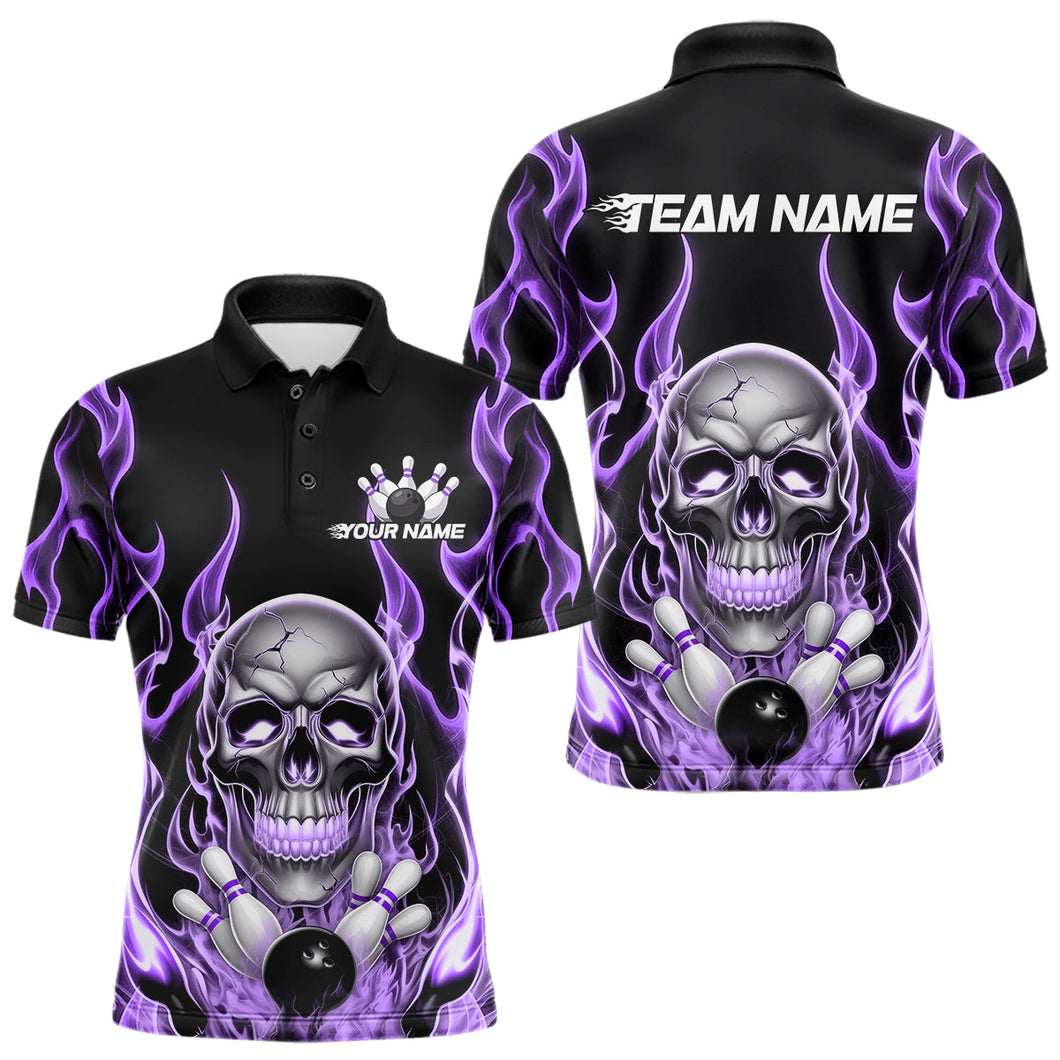 Custom Purple Fire Flame Skull Bowling Polo Shirts For Men, Halloween Bowling Team Outfit IPHW9493