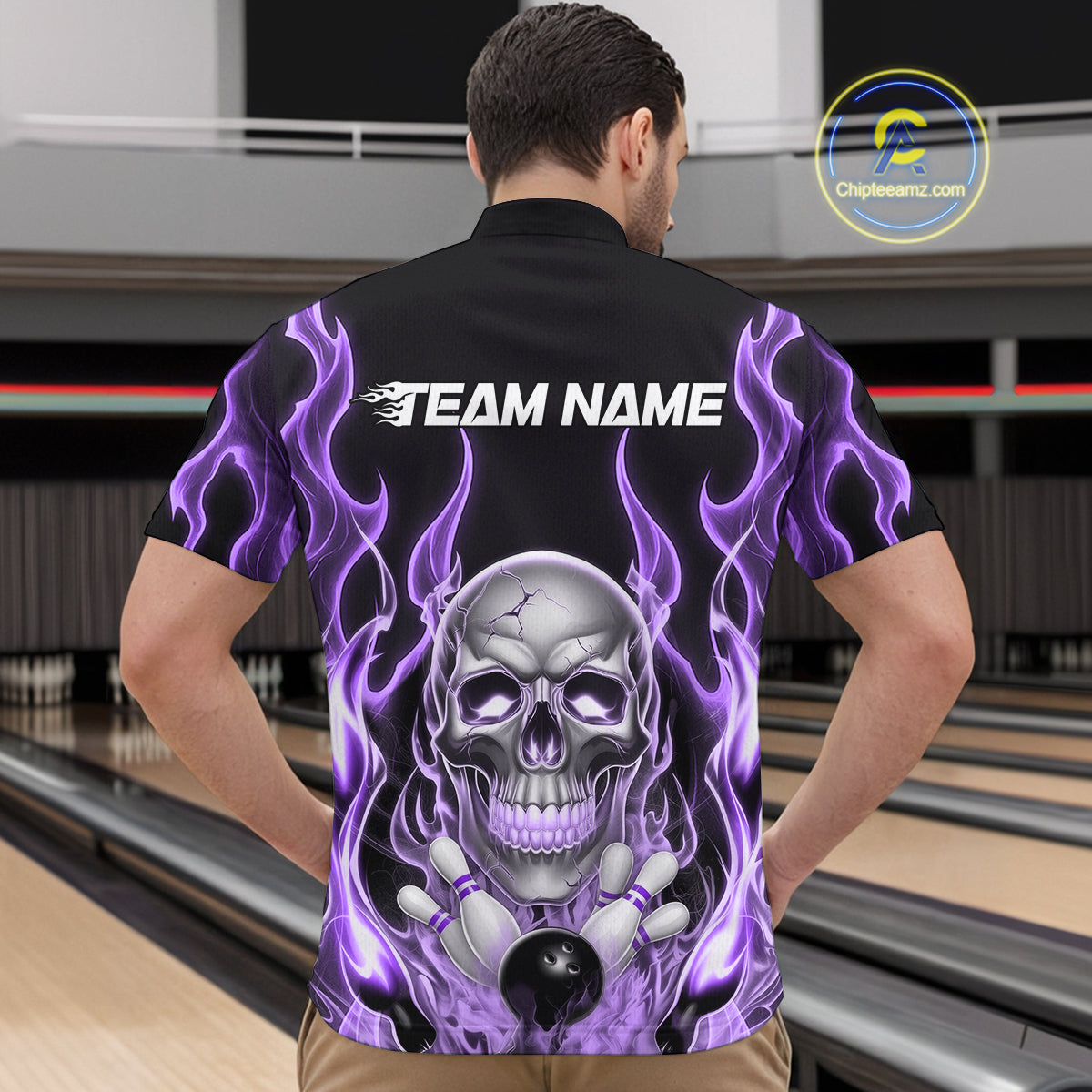 Custom Purple Fire Flame Skull Bowling Quarter-Zip Shirts For Men, Halloween Bowling Team Outfit IPHW9493