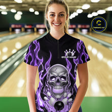 Load image into Gallery viewer, Custom Purple Fire Flame Skull Bowling Women Quarter-Zip Shirt, Halloween Bowling Outfit IPHW9493