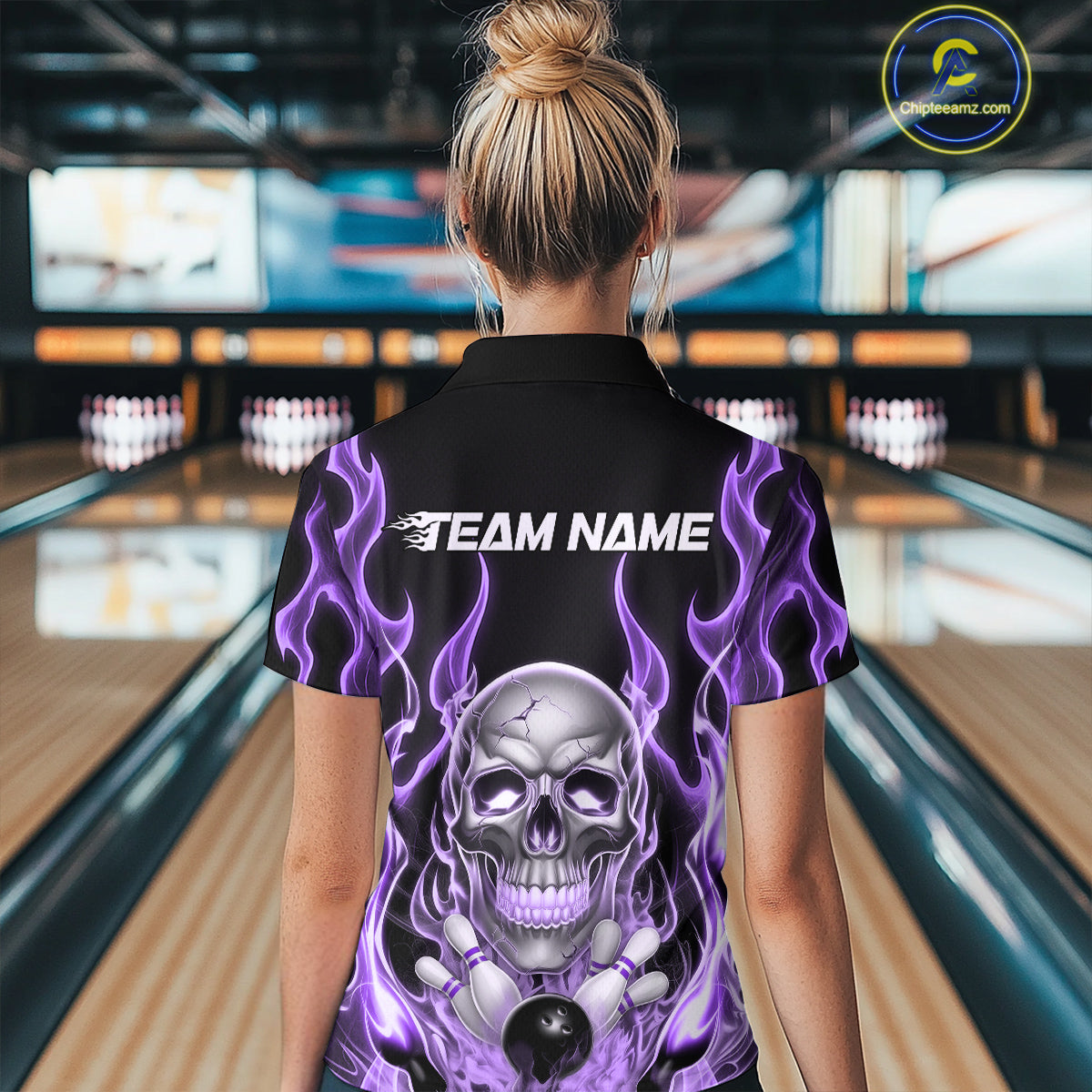 Custom Purple Fire Flame Skull Bowling Women Quarter-Zip Shirt, Halloween Bowling Outfit IPHW9493