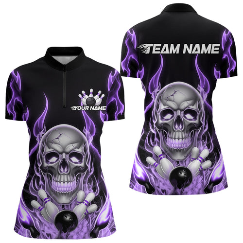 Custom Purple Fire Flame Skull Bowling Women Quarter-Zip Shirt, Halloween Bowling Outfit IPHW9493