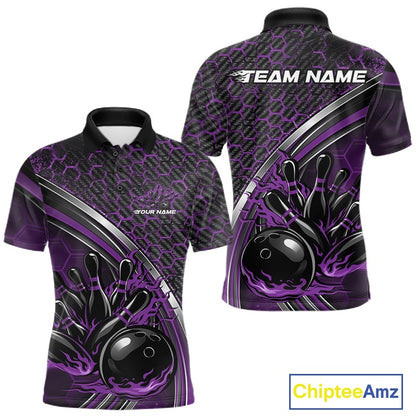 Front and back view of a mens bowling polo shirt mockup in black and purple, featuring honeycomb pattern with a flaming bowling ball and pins.