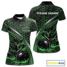 Load image into Gallery viewer, Custom Green Flame Bowling Women Polo Team Shirt, Hexagon Pattern Bowling Jerseys IPHW11312