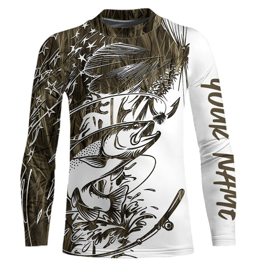 Custom Patriotic Trout Brown Camo Fly Fishing Kid Long Sleeve Shirts, US Flyfishing Shirt IPHW9142