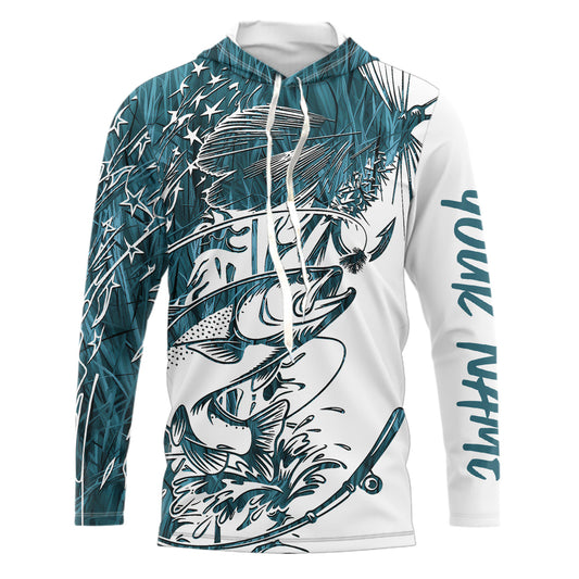 Custom Patriotic Trout Blue Camo Fly Fishing Long Sleeve Hooded Shirts, US Flyfishing Shirt IPHW9143