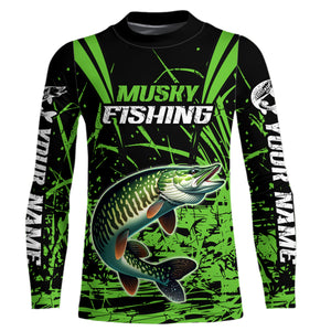 Customized Musky Fishing Long Sleeve Tournament Shirts, Muskie Fishing Gifts For Fisherman | Green IPHW6648