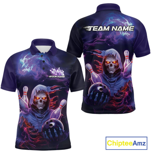 Custom Red And Purple Smoke Flame Grim Reaper Bowling Men Polo Shirt, Halloween Outfit IPHW9895