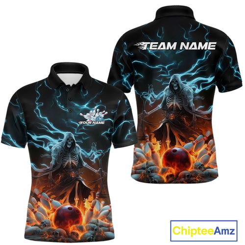 Custom Blue Lightning Grim Reaper Bowling Men Polo Shirt, Flame Halloween Outfit IPHW9899