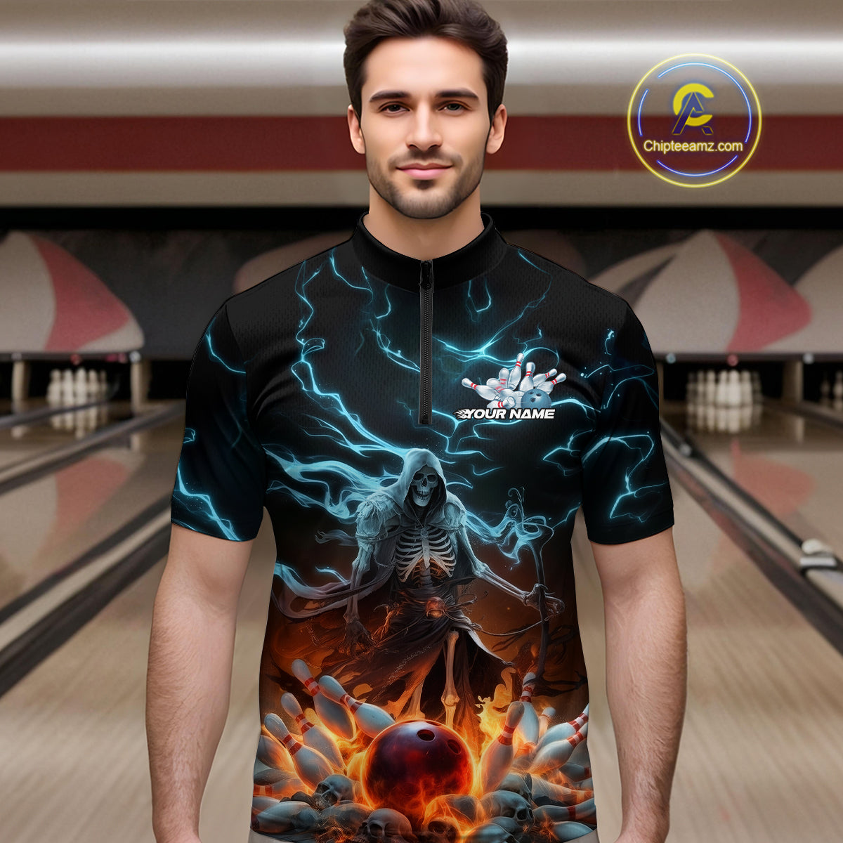 Custom Blue Lightning Grim Reaper Bowling Men Quarter-Zip Shirt, Flame Halloween Outfit IPHW9899