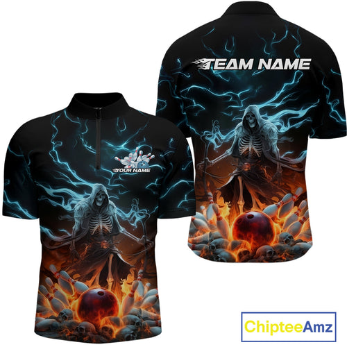 Custom Blue Lightning Grim Reaper Bowling Men Quarter-Zip Shirt, Flame Halloween Outfit IPHW9899