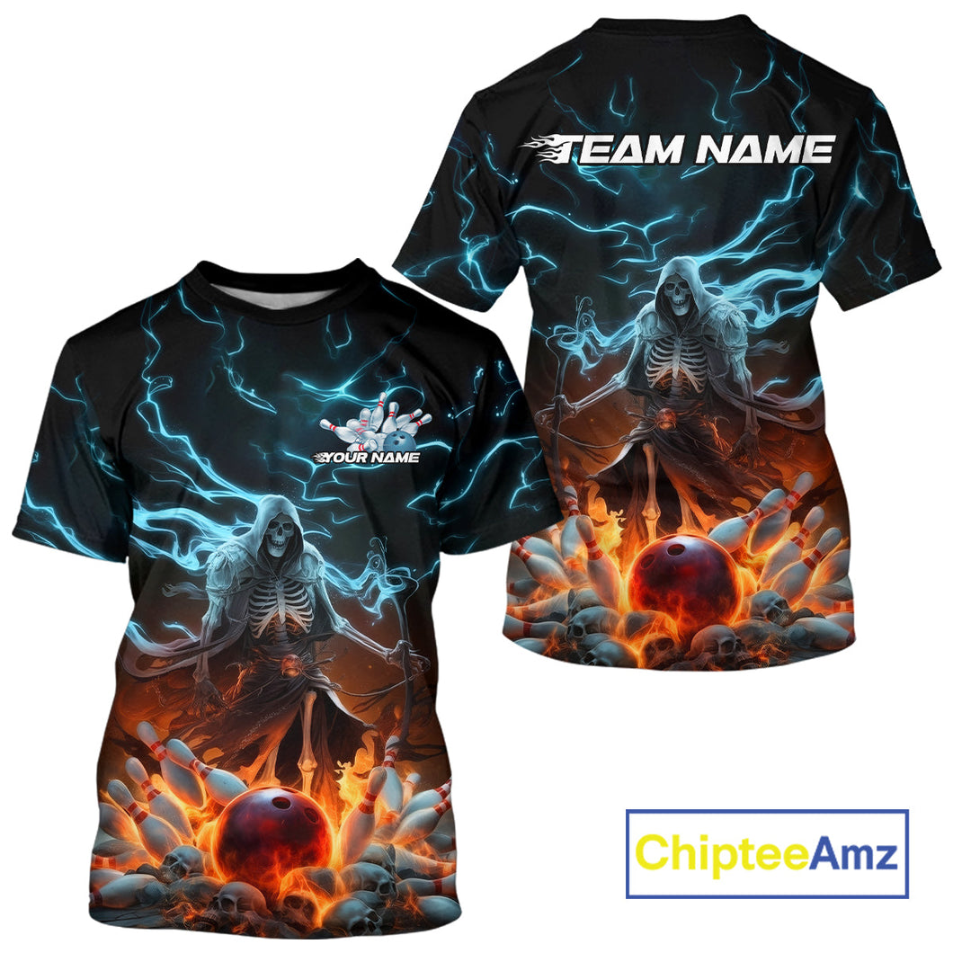 Custom Blue Lightning Grim Reaper Bowling Men T-Shirts Shirt, Flame Halloween Outfit IPHW9899