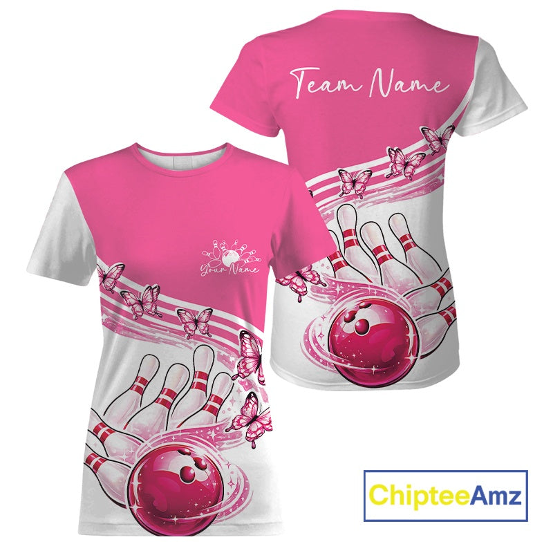 Womens white and pink crewneck bowling T-shirt mockup shown front and back with butterfly artwork and bowling graphics