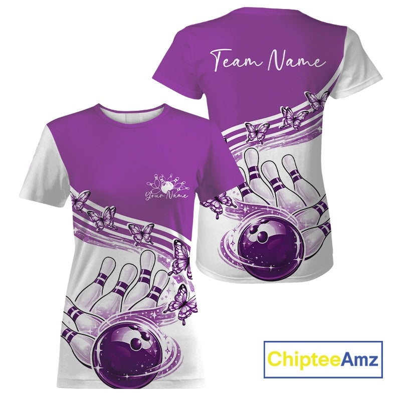 Front and back mockup of a womens white and purple crewneck bowling T-shirt featuring butterfly artwork and colorful bowling graphics