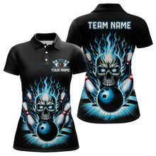 Load image into Gallery viewer, Personalized Ladies Skull Bowling Shirt Custom Team'S Name Flame Bowler Jerseys | Teal Blue IPHW6512