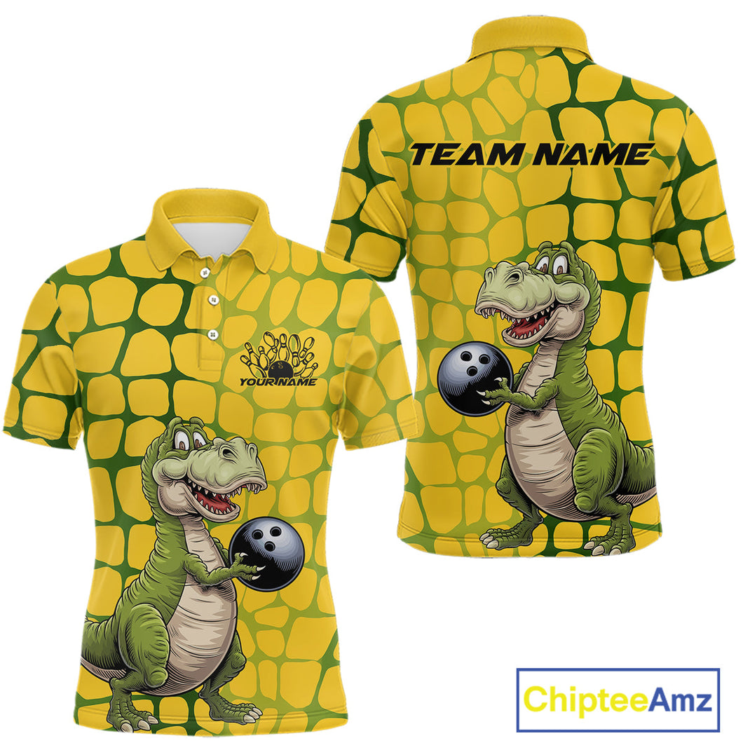 Custom Funny Yellow Dinosaur Bowling Team Men Polo Shirt, Bowling Tournament Team Shirt IPHW9929