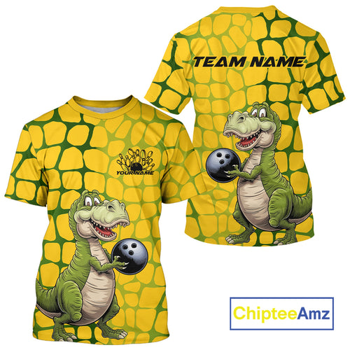 Custom Funny Yellow Dinosaur Bowling Team Men T-Shirts, Bowling Tournament Team IPHW9929