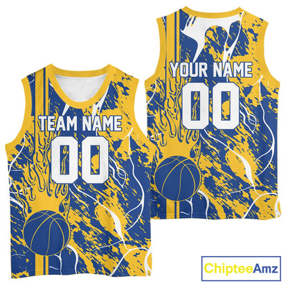 Custom Blue And Yellow Flame Basketball Jerseys With Name And Number, Basketball Team Uniform IPHW10525
