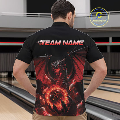 Custom Red Dragon Flame Bowling Team Men Quarter Zip Shirt, Bowling League Shirt IPHW11666