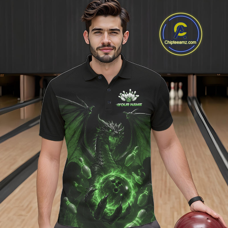 Custom Green Dragon Flame Bowling Team Men Polo Shirt, Bowling League Shirt IPHW11669