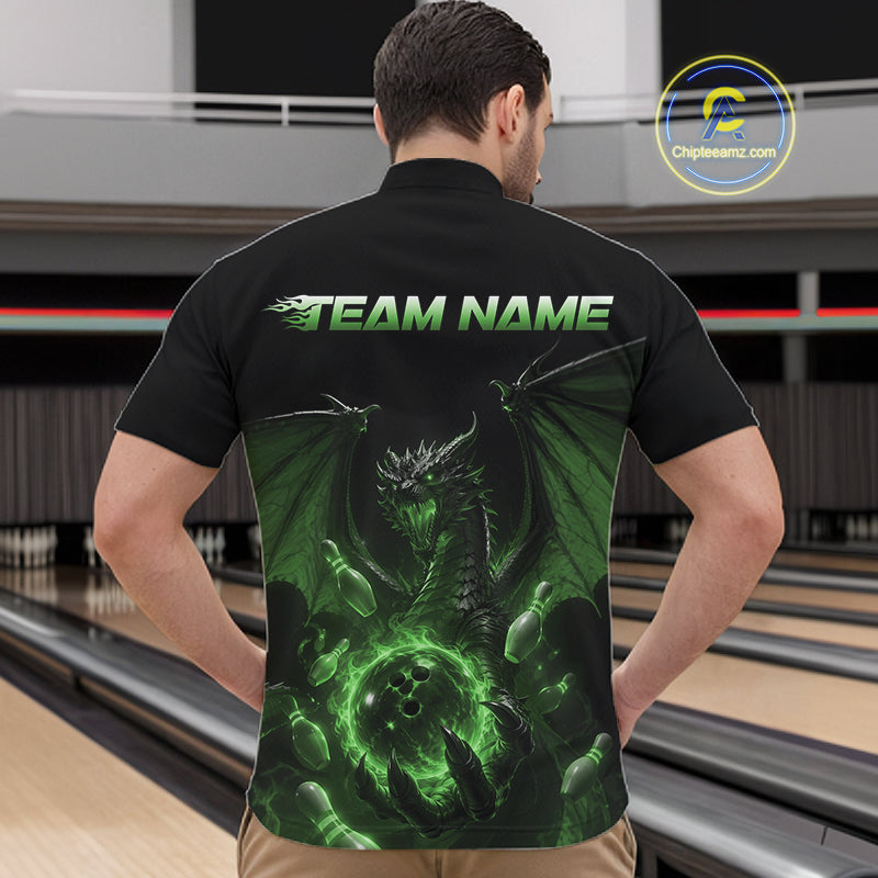 Custom Green Dragon Flame Bowling Team Men Quarter Zip Shirt, Bowling League Shirt IPHW11669