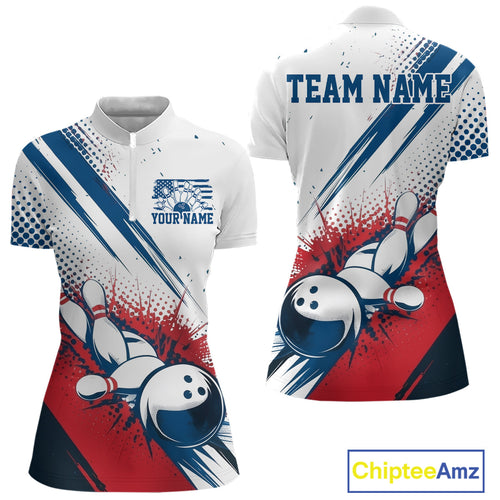 Custom Red, White And Blue Patriotic US Flag Bowling Women Quarter-Zip Team Shirt Uniform IPHW9542