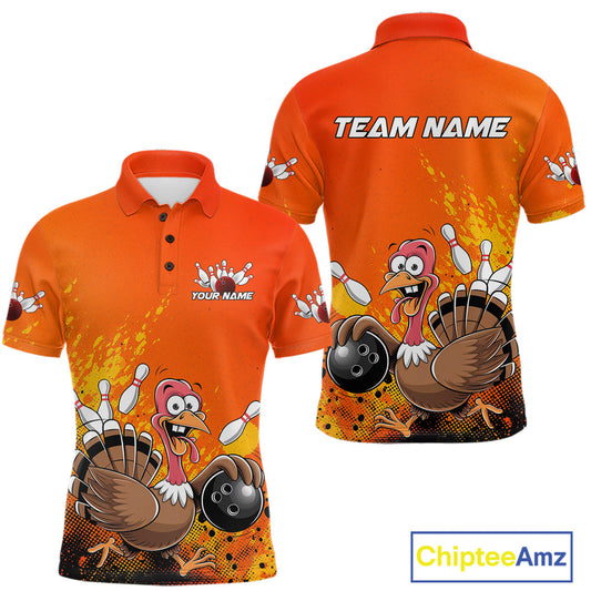 Custom Funny Turkey Bowling Thanksgiving Bowing Outfit Team Polo Shirts For Men IPHW9786