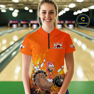 Custom Funny Turkey Bowling Thanksgiving Bowing Outfit Team Quarter-Zip Shirts For Women IPHW9786