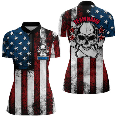 American Flag Skull Custom Team Bowling Shirts For Women, Patriotic Bowling Jerseys IPHW5157