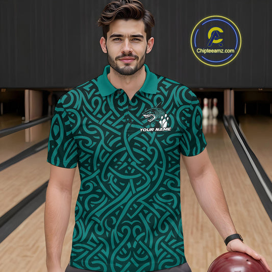 Custom Blue Tribal Shark Bowling Team Men Polo Shirt, Shark Bowling Tournament Shirt IPHW10177