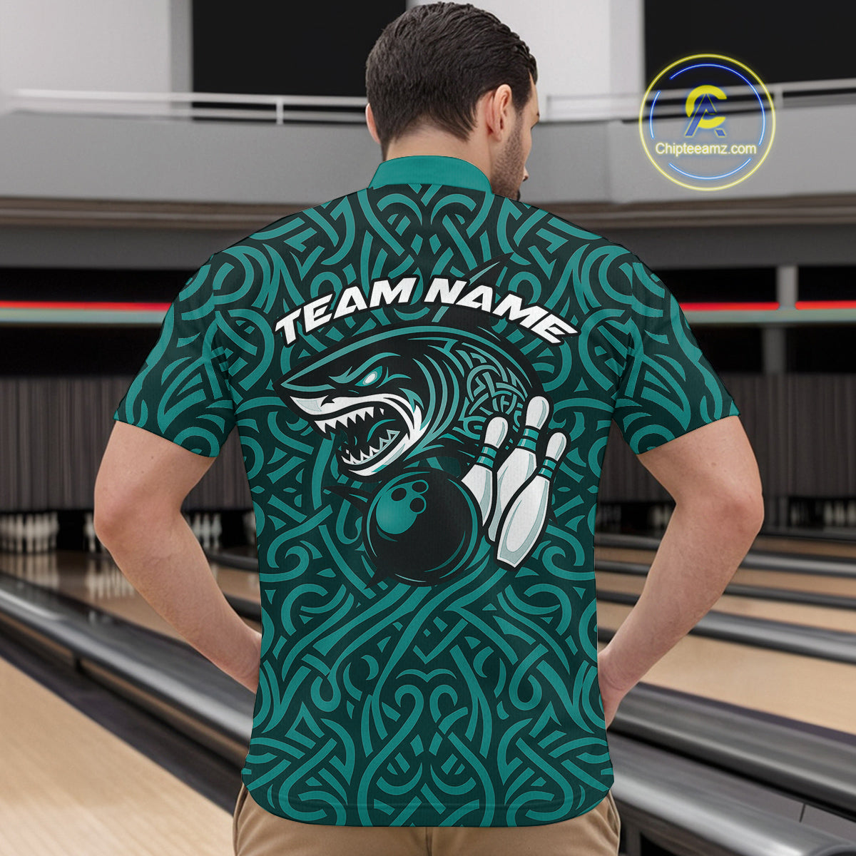 Custom Blue Tribal Shark Bowling Team Men Quarter-Zip Shirt, Shark Bowling Tournament Shirt IPHW10177