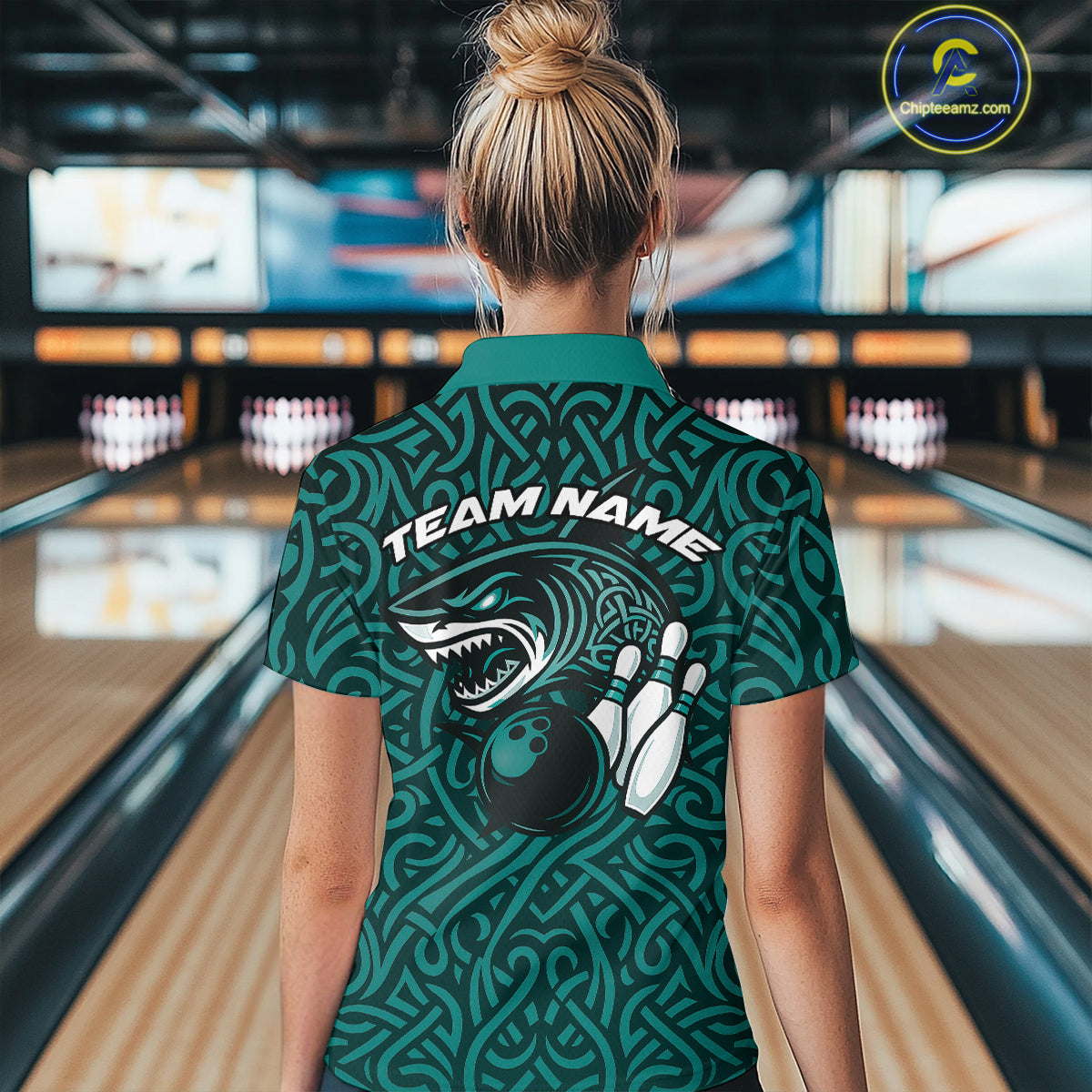 Custom Blue Tribal Shark Women Bowling Team Shirts, Shark Bowling Tournament Shirt IPHW10177