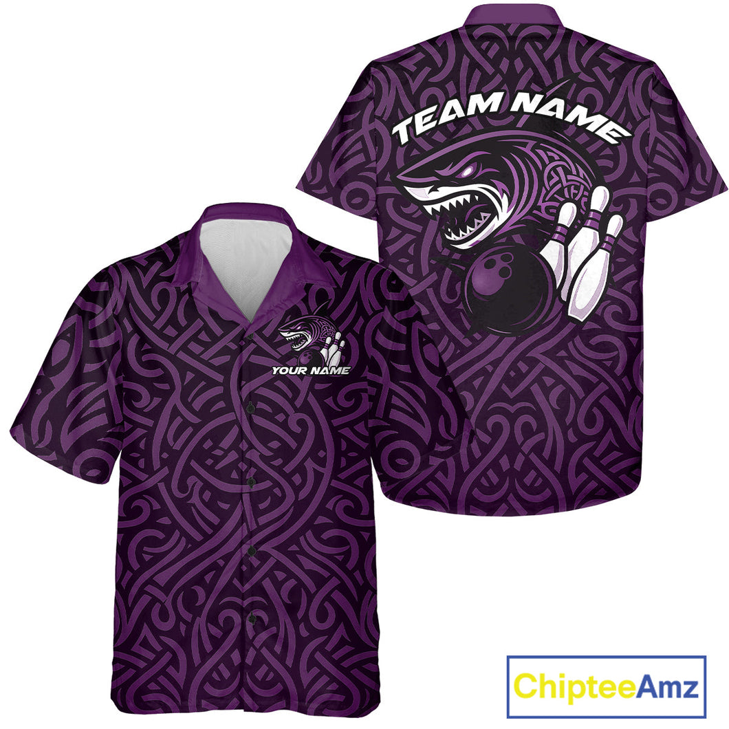 Custom Purple Tribal Shark Bowling Team Men And Women Hawaiian Shirt, Shark Bowling Tournament Shirt IPHW10178