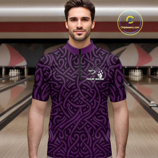 Custom Purple Tribal Shark Bowling Team Men Quarter-Zip Shirt, Shark Bowling Tournament Shirt IPHW10178