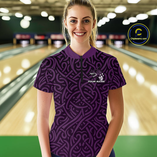 Custom Purple Tribal Shark Women Bowling Team Shirts, Shark Bowling Tournament Shirt IPHW10178