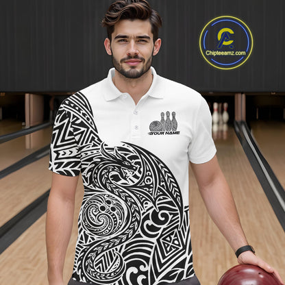 Custom Black And White Tribal Dragon Men Bowling Polo Shirt, Polynesian Bowling Shirt IPHW10340