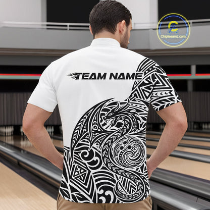 Custom Black And White Tribal Dragon Men Bowling Quarter-Zip Shirt, Polynesian Bowling Shirt IPHW10340