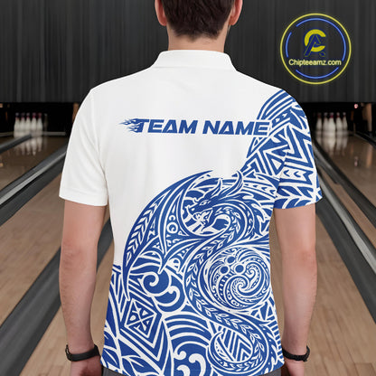 Custom Blue And White Tribal Dragon Men Bowling Polo Shirt, Polynesian Bowling Shirt IPHW10342