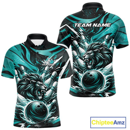 Custom Turquoise Blue Flame Bowling Ball Lion Bowling Jerseys, Lion Men Polo Bowling Shirt IPHW10350