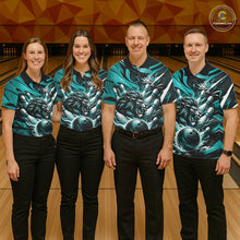 Load image into Gallery viewer, Custom Turquoise Blue Flame Bowling Ball Lion Bowling Jerseys, Lion Men Polo Bowling Shirt IPHW10350
