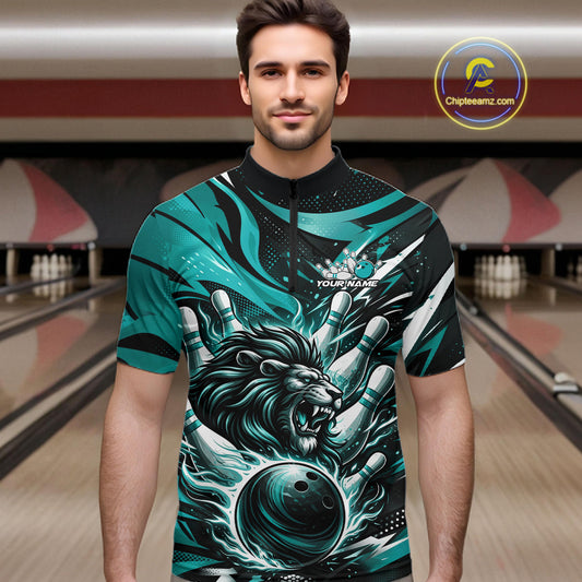 Custom Turquoise Blue Flame Bowling Ball Lion Bowling Jersey, Lion Men Quarter-Zip Bowling Shirt IPHW10350