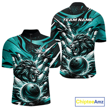 Custom Turquoise Blue Flame Bowling Ball Lion Bowling Jersey, Lion Men Quarter-Zip Bowling Shirt IPHW10350