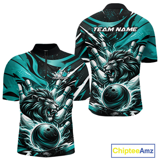 Custom Turquoise Blue Flame Bowling Ball Lion Bowling Jersey, Lion Men Quarter-Zip Bowling Shirt IPHW10350