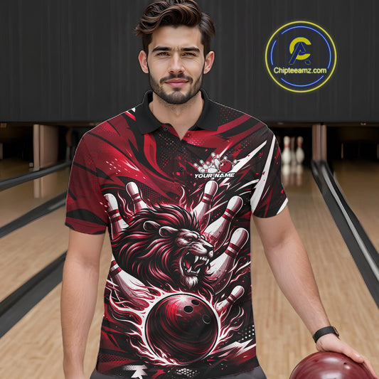 Custom Red Flame Bowling Ball Lion Bowling Jerseys, Lion Men Polo Bowling Shirt IPHW10351